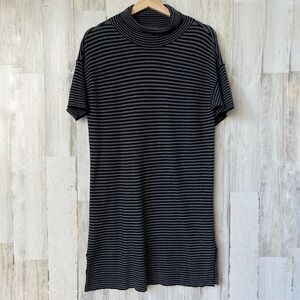 Eileen Fisher Gray Black Striped Merino Wool Turtleneck Sweater Tunic Size S